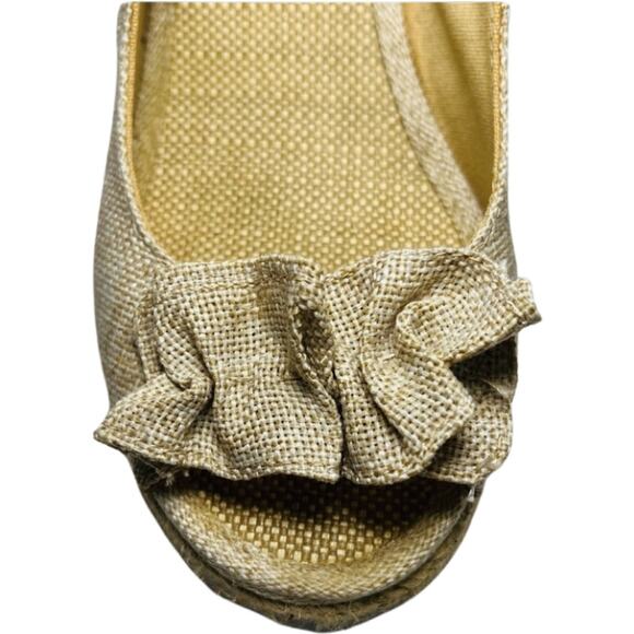 Rocket Dog Tan Canvas Burlap Bow Slingback Peep Toe Espadrilles 3" Heel Size 8 - Picture 3 of 8